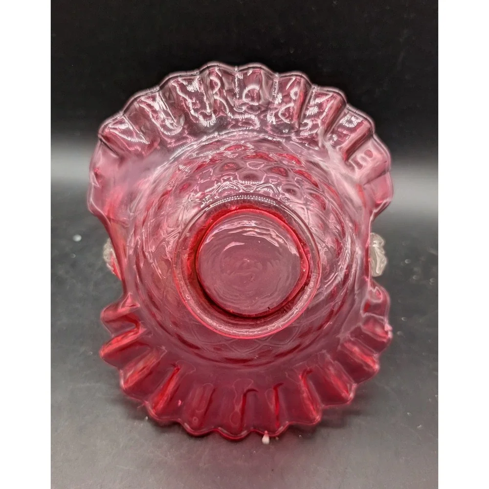 Vintage Cranberry Glass Basket Diamond Quilt Ruffled Rim Clear Thorn Handle Pink